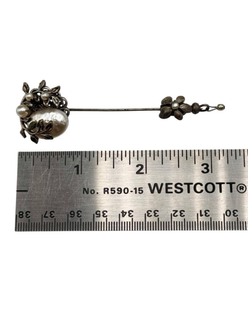 MIRIAM HASKELL vintage signed stick pin antique brass faux baroque pearl flowers - Picture 10 of 11